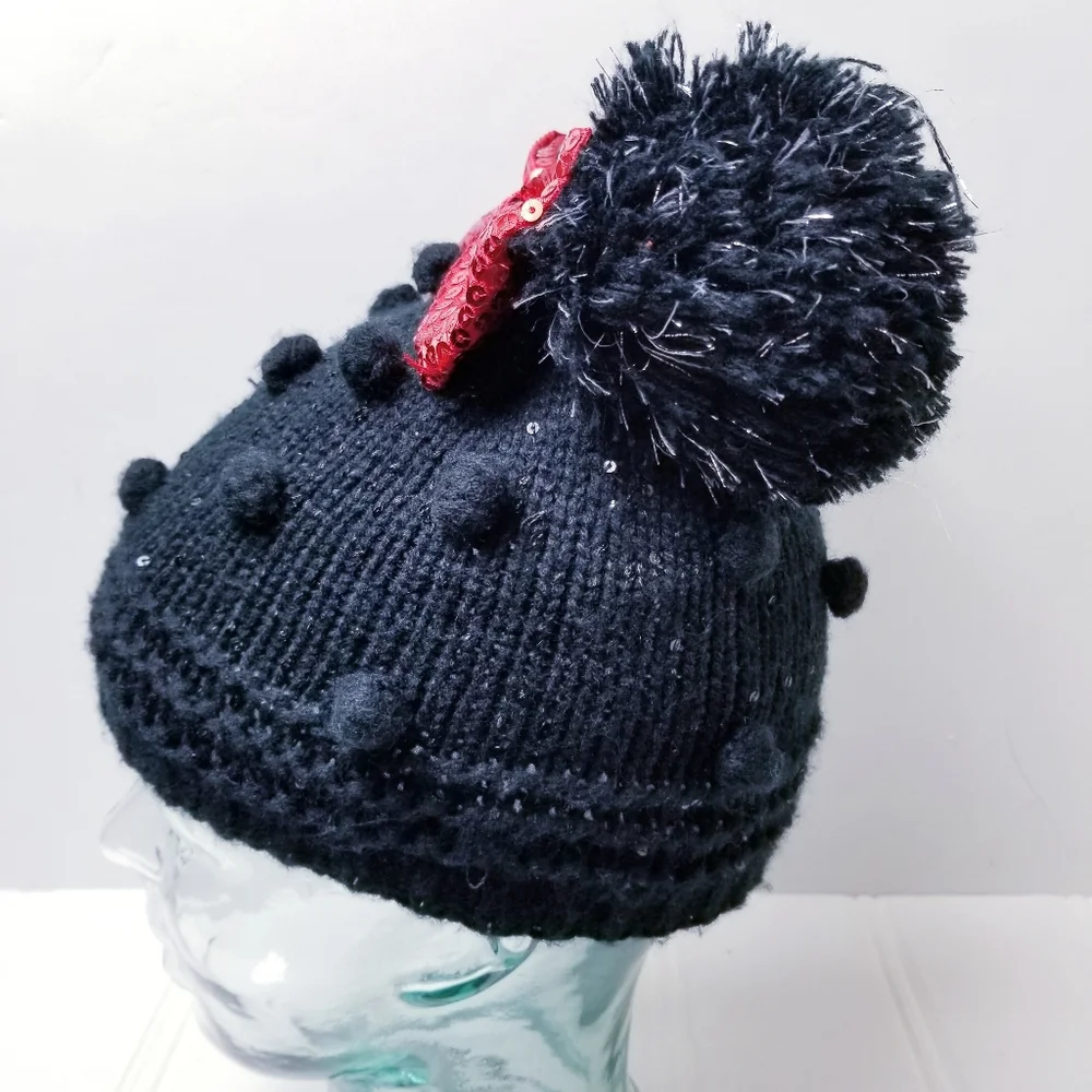 Disney Store Minnie Mouse Beanie XS/S 3-6 Sequin Bow Pom Pom Ears Knit Hat Black